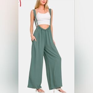 High-Waist Wide Leg Jumpsuit Pants with Straps